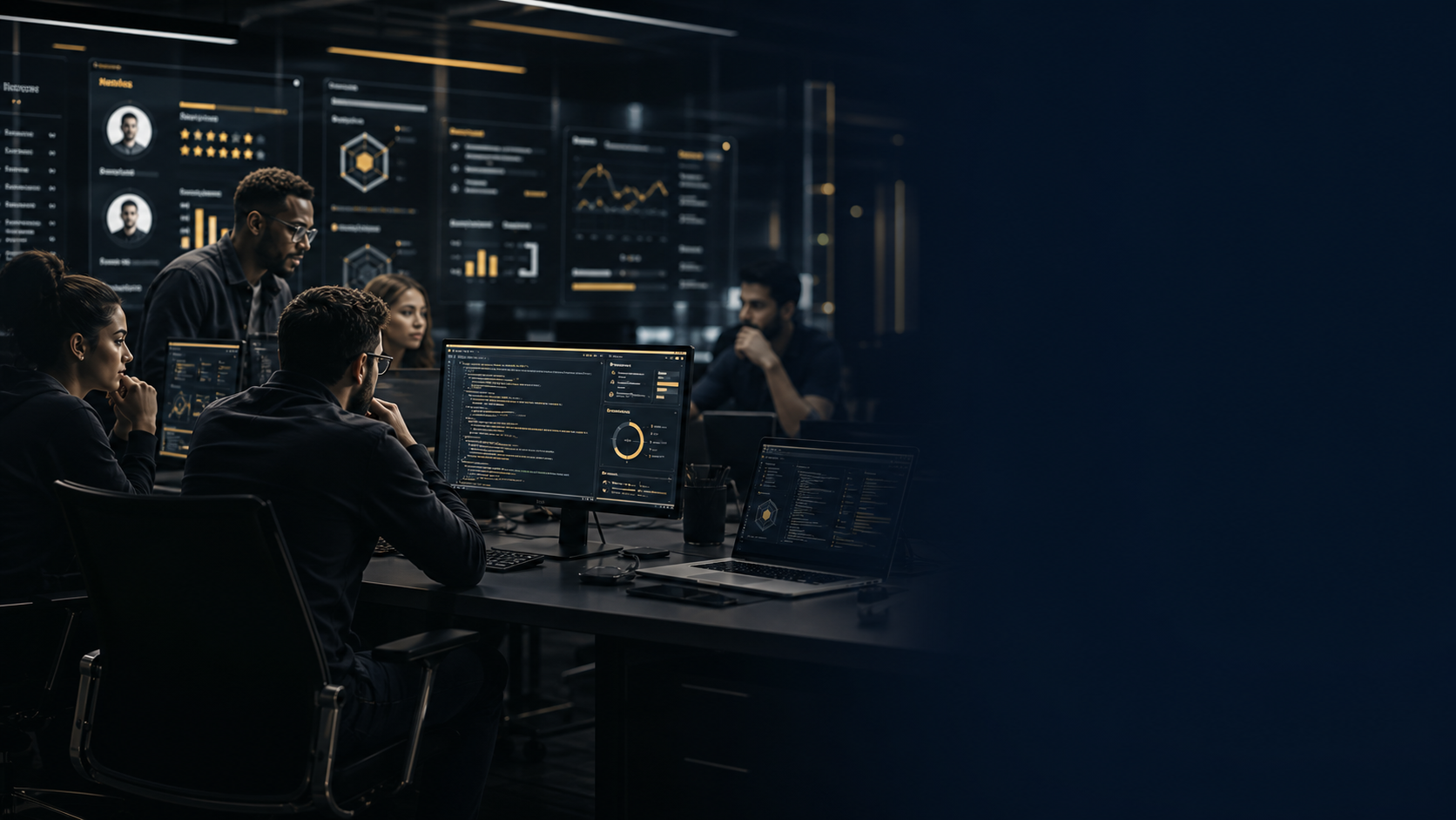 Technical hiring team reviewing skill assessment results in a dark workspace